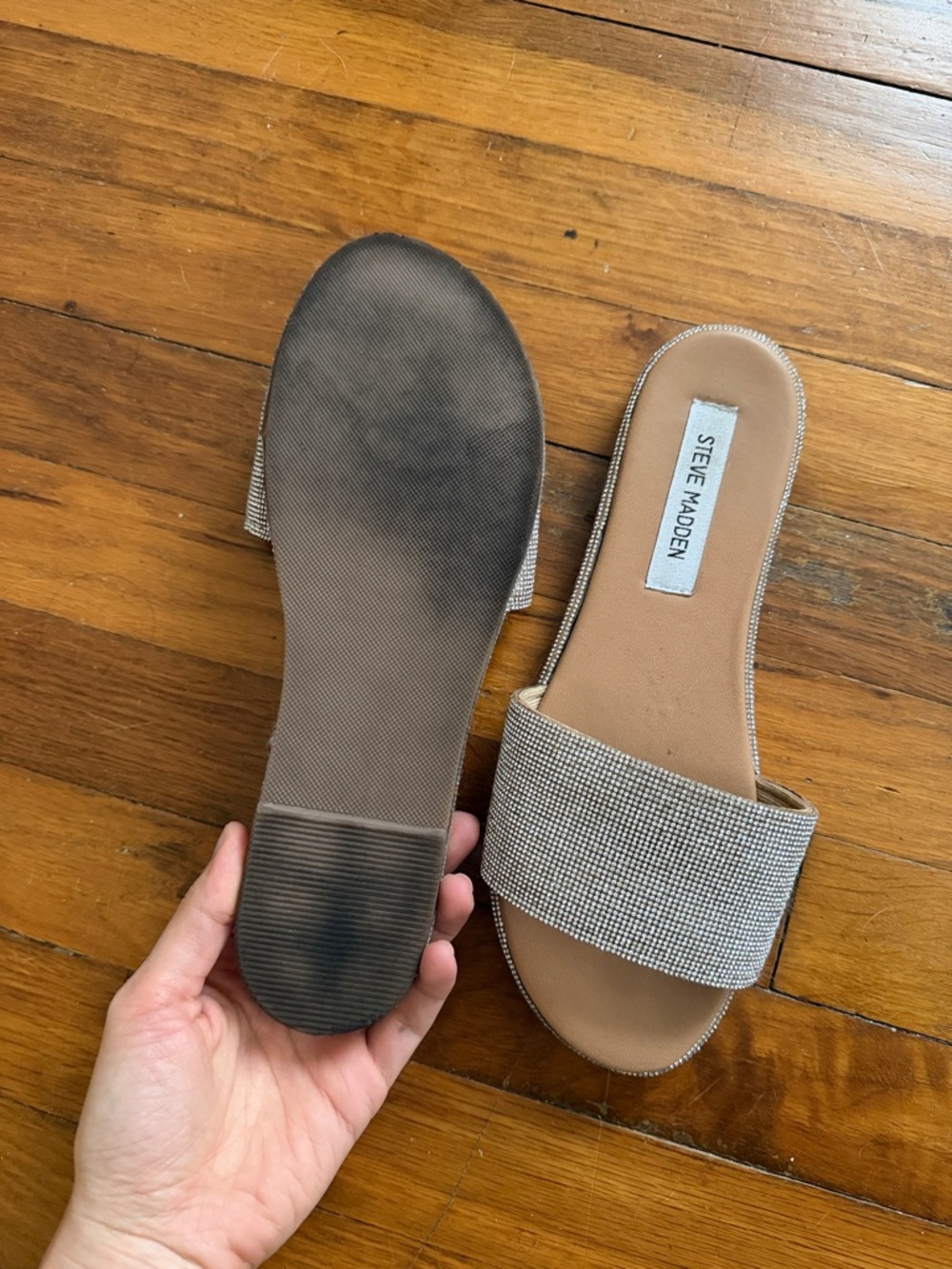 Steve Madden Sparkle Crystal Slide Sandals - Champagne/Tan - Picture 3 of 4